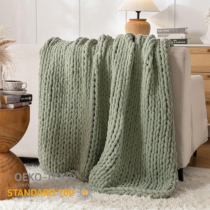 Chunky Knit Blanket Throw, 100% Hand Knit Throw Blanket Handmade Chenille Cable Knit Throw for Couch, Stylish Cozy Soft Rope Knot Crochet Blanket for Home Decor, Sage Green, 50x60 Inches