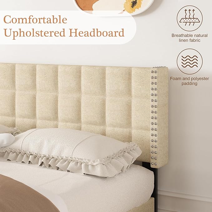 VECELO Headboard Queen Size, Linen Upholstered Headboards Only with Nailhead Trim Wingback, Square Stitched Design, Adjustable Height from 40" to 49.8", Oatmeal