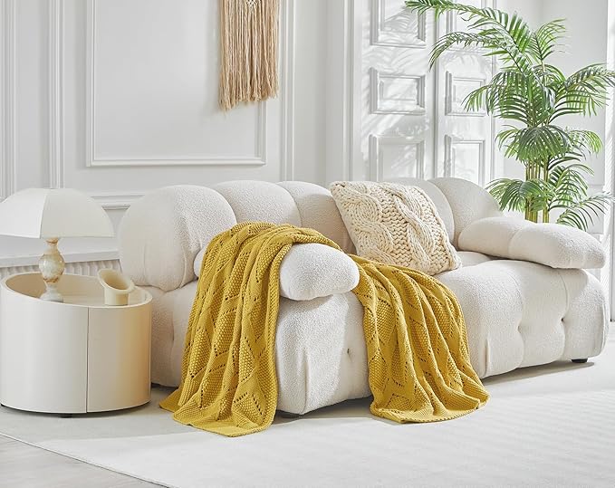Longhui bedding Chunky Cotton Knit Throw Blanket for Couch, Sofa, Bed, or Chair, Decorative Breathable Fall Cable Knit Blanket 60 x 80 Inches, Large Mustard Yellow