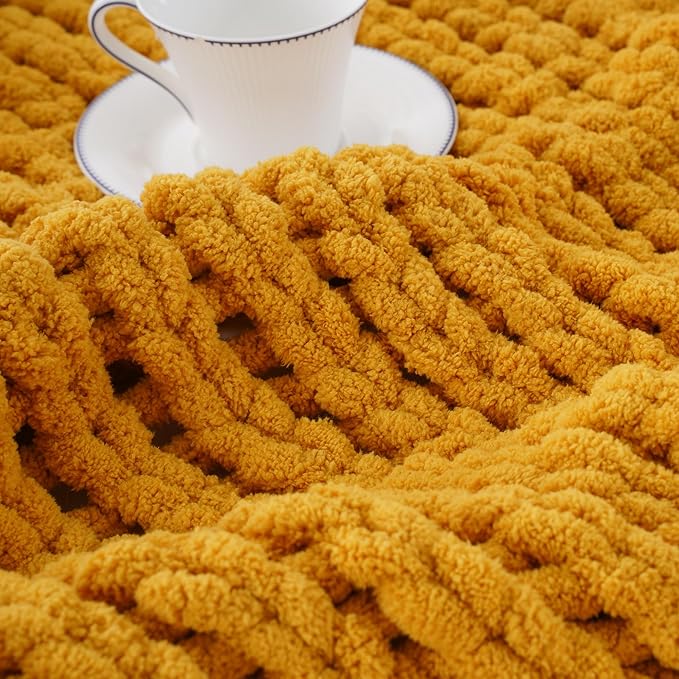 Battilo Chunky Knit Throw Blanket, Soft and Thick Chenille Throw Blanket, 50"x60" Handmade Cable Knit Crochet Blanket, Large Rope Knot Throw Blankets for Couch Sofa Bed Home Decor, Mustard