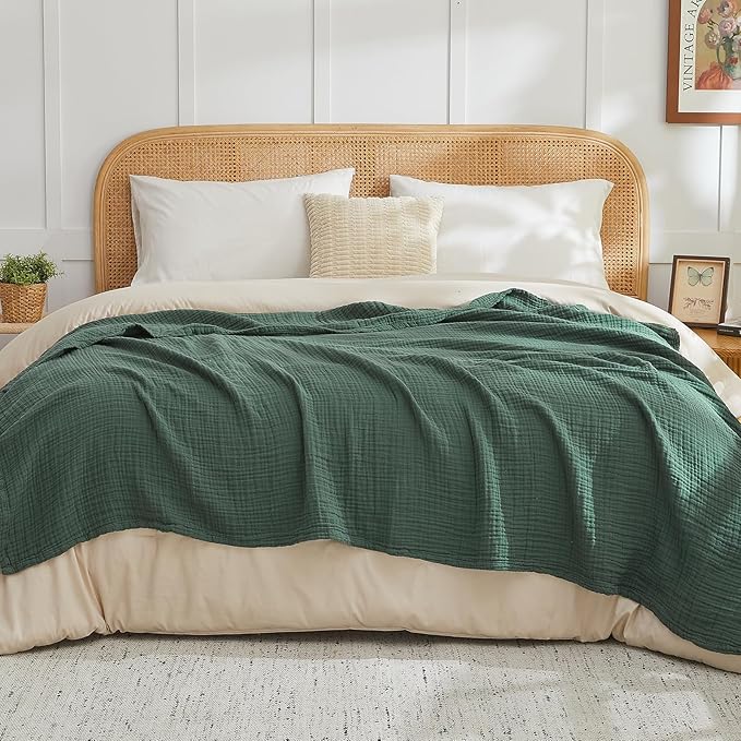 EMME Cotton Muslin Queen Blanket Bed Layering Breathable Gauze Blanket Soft Lightweight Blankets Adults (Forest Green, 90"x90")