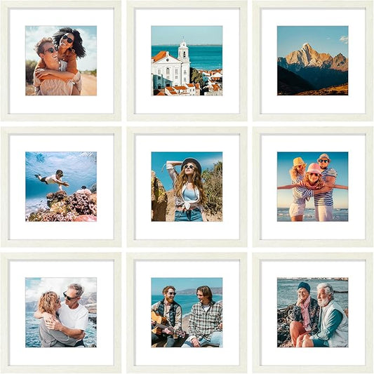 Vittanly 12x12 Picture Frames Set of 9, Shatter Resistant Plexiglass, Display 8x8 Pictures with Mat or 12x12 without Mat, Photo Frames for Wall Mount, Engineered Wood, Whitemist