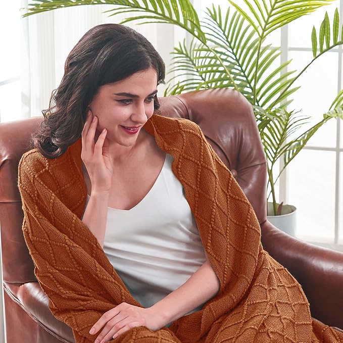 inhand Knitted Throw Blankets for Couch and Bed, Soft Cozy Knit Blanket with Tassel, Orange Rust Lightweight Decorative Blankets and Throws, Farmhouse Warm Woven Blanket for Men and Women, 60"x80"