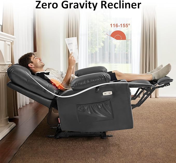 MCombo Zero Gravity Power Recliner Chair with Heat and Vibration Massage, Reclining Chair with USB Ports, Cup Holders for Living Room, Faux Leather PR621 (Grey)
