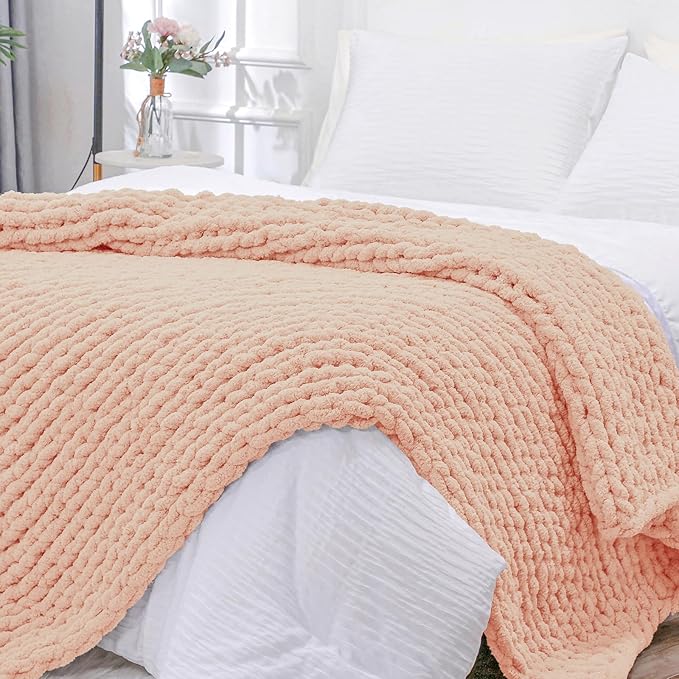 Bigacogo Chunky Knit Throw Blanket for Couch, 40x80 inches, 100% Hand Knitted with Thick Jumbo Chenille Yarn, Cozy Soft Large Rope Knot Cable Crochet Blankets for Sofa Bed Living Room, Peach Fuzz