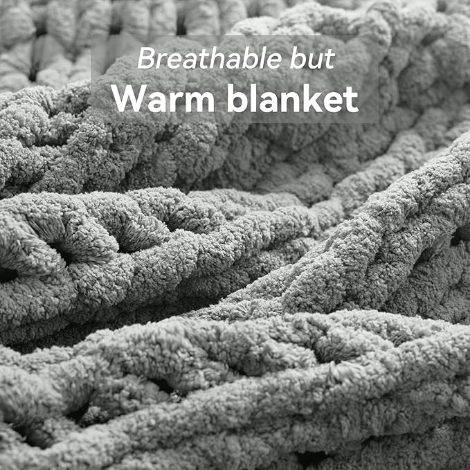 Chunky Knit Throw Blanket, 50''*60'' Knitted Throw Chenille Yarn for Bed Couch, Handmade Light Grey Crochet Big Thick Blanket, Machine Washable Cute Comfy Blanket for Home Decor