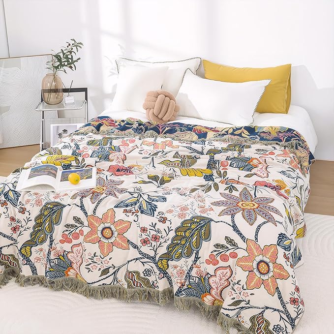 Snycler Boho Throw Blanket for Bed, 100% Organic Cotton Muslin Soft Throw-Floral Farmhouse Rustic Spring Summer Fall Decor Blanket for Couch Sofa Quilt and Gift, 80" x 90" White