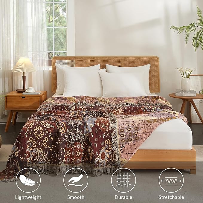 Boho Throw Blanket for Couch Sofa Bed, 100% Cotton Woven Quilt with Tassel 60”x80”, Super Soft Muslin Blanket with Patchwork Printed, Decorative Reversible Bed Blanket/Cover for All Seasons