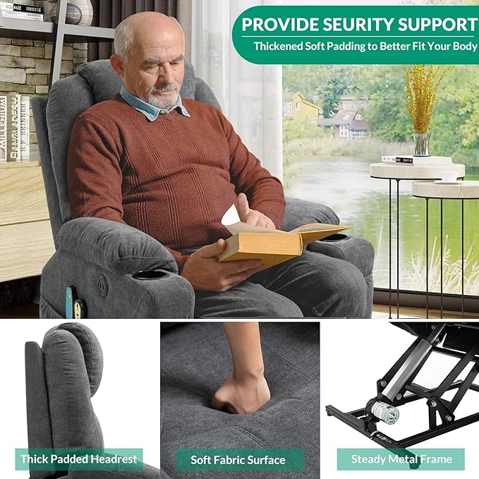 VIVIJASON Power Lift Chair Electric Recliner for Elderly Heated Vibration Massage Fabric Recliner Chair with 2 Remote Controls, Cup Holders, Side Pockets & USB Ports for Living Room (Grey)