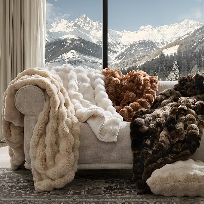 EVERGRACE Ultra Soft Luxury Fluffy Ridgeline Faux Rabbit Fur Throw Blanket, Thick Warm Bubble Throw for Bed, Cozy Plush Reversible Blankets for Couch, Chair, Sofa, Cream, 60x80 Inches, 870 GSM