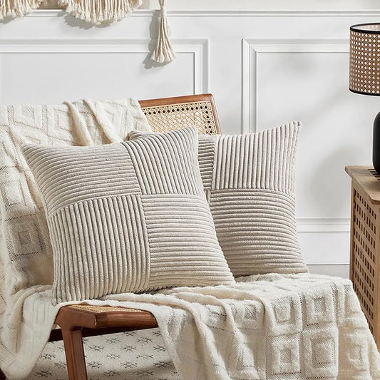 Fancy Homi 2 Packs Neutral Taupe Euro Decorative Throw Pillow Covers 26x26 Inch for Couch Bed Sofa, Rustic Farmhouse Boho Home Decor, Soft Corss Corduroy Patchwork Textured Square Cushion Case 66x66cm