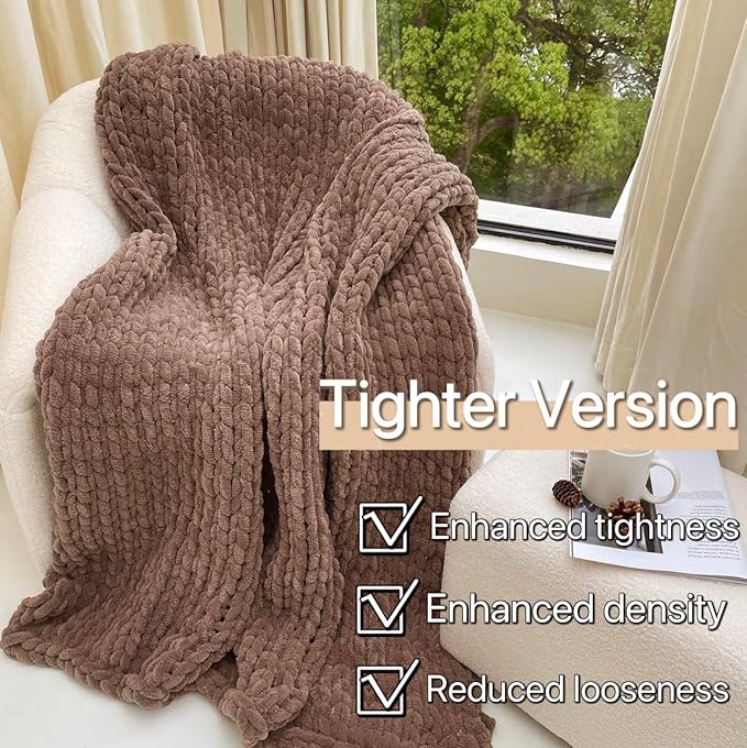 Maetoow Tighter Version Chenille Chunky Knit Blanket Throw （50×60 Inch）, Handmade Warm & Cozy Blanket Couch, Bed, Home Decor, Soft Fleece Banket, Boho Thick Blankets and Giant Yarn Throws，Brown