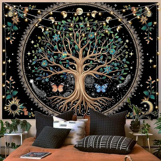 Lunerfex Tree of Life Tapastry Sun and Moon Tapastry Flower Boho Tree Mandala Wall Hanging for Bedroom and Living Room Decor Green Tree 60×80 Inches
