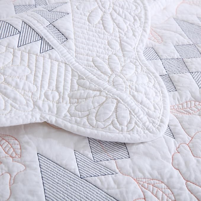 MarCielo 3-Piece 100% Cotton Oversized Bedspread Lightweight Quilt Coverlet Embroidery Farmhouse Bedding Set (TC Colorful White, Oversized Queen (100"x106"))