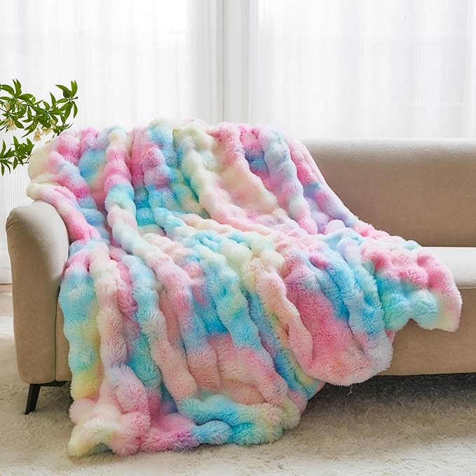 RYNGHIPY Faux Fur Throw Blanket Tie Dye Colorful Rainbow Blanket for Couch Plush Fluffy Faux Rabbit Fur Decoration Blanket for Sofa Chair Bed (Rainbow, 63''x79'')