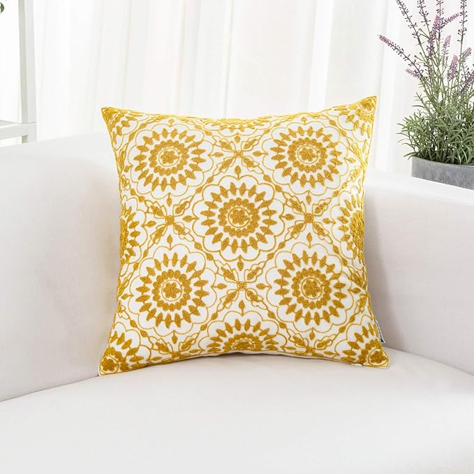 HWY 50 Mustard Yellow Decorative Throw Pillow Covers 18x18 Inch, Pack of 2 Embroidered Cotton Farmhouse Cushion Cover Pillow Case for Sofa Couch Living Room Bed Bedroon, Little Sunflower Design