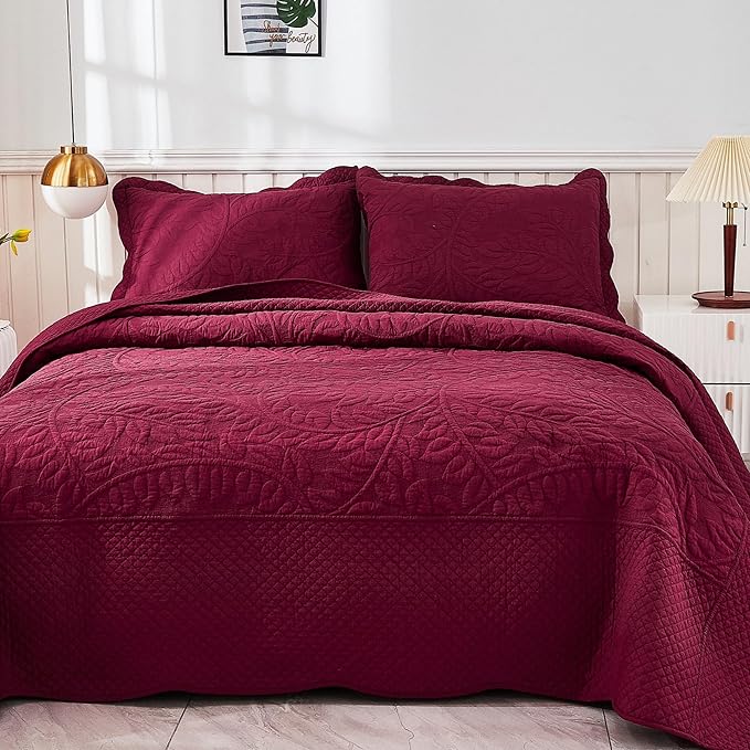 MarCielo 3-Piece 100% Cotton Oversized Bedspread Lightweight Quilt Coverlet Embroidery Farmhouse Bedding Set T0 (Wine Burgundy, Oversized King (118"x106"))