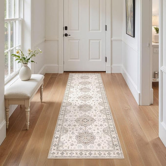 Washable 2x6 Runner Rug - Area Rugs Neutral Vintage Distressed Floral Farmhouse Boho Large Soft Floor Rug Indoor Carpet for Hallway Entryway Bedroom Kitchen - Beige Brown