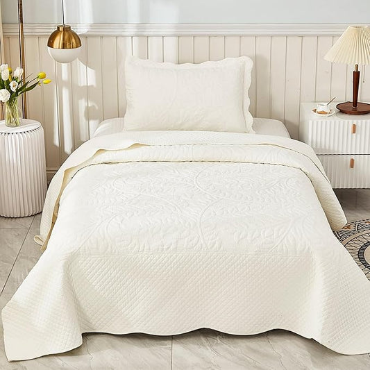 MarCielo 3-Piece 100% Cotton Oversized Bedspread Lightweight Quilt Coverlet Embroidery Farmhouse Bedding Set T0 (Bright White, Twin (68"x86"))