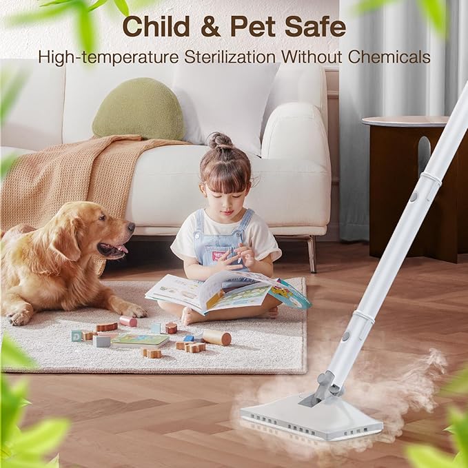 ScrubWiz Steam Mop Cleaner with Detachable Handheld Steamer, 10-in-1 Multi Accessories, Washable Microfiber Pads, 350ml and 2 Adjustable Level for Cleaning Floor, Carpet, Tile, and Grout, Light White
