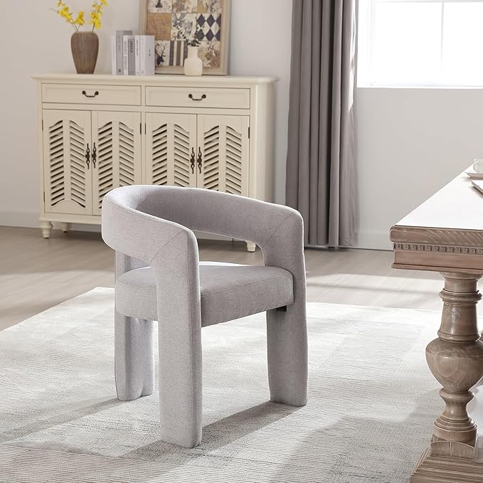 Grey Chenille Dining Chairs Set of 6, Modern Barrel Dining Room Chairs Upholstered Faux Fur Accent Chair with Arms and Round Back for Living Room Kitchen Armchair No Assembly Needed