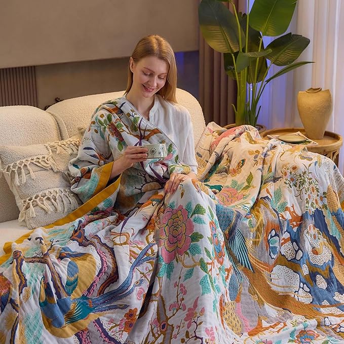 Fall Throw Blanket for Couch, Yellow Boho Decorative Throw Blanket, 100% Cotton Muslin Breathable Woven Farmhouse Blankets Quilt, 50"x60" Reversible Lightweight Blankets Bohemian Throw Quilt