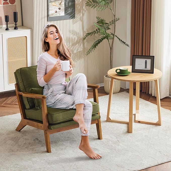 Karl home Accent Chair Wide Armrest Mid-Century Lounge Chair Linen Fabric Armchair with Lumbar Pillow & Solid Wood Frame for Living Room, Bedroom, Balcony, Green