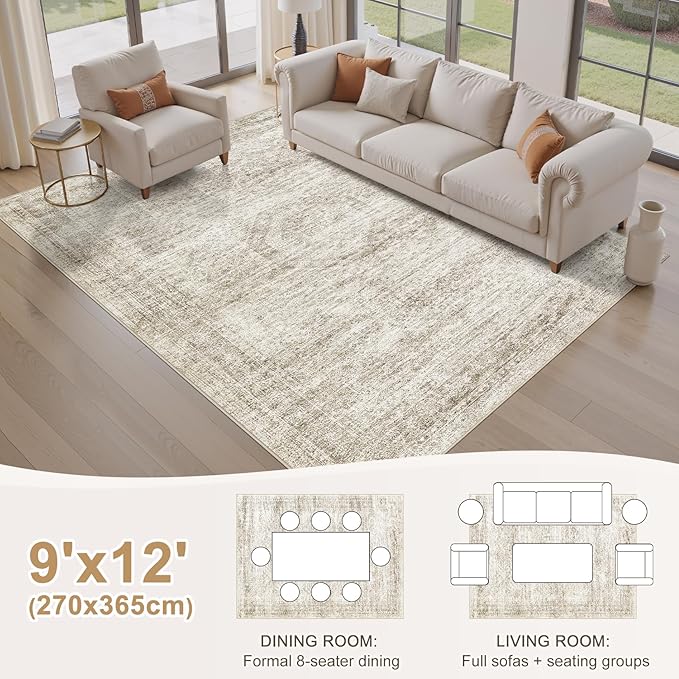 Washable Area Rugs for Living Room -9x12 Neutral Vintage Distressed Floral Farmhouse Boho Large Soft Floor Rug Indoor Non Slip Carpet for Living Room Bedroom Dining Room Office - Beige