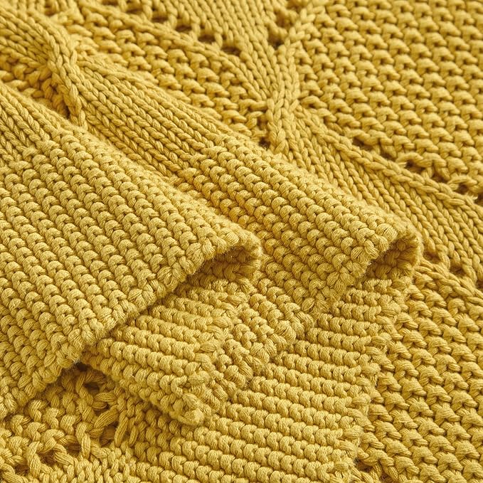 Longhui bedding Chunky Cotton Knit Throw Blanket for Couch, Sofa, Bed, or Chair, Decorative Breathable Fall Cable Knit Blanket 51 x 63 Inches, Medium Weight Mustard Yellow