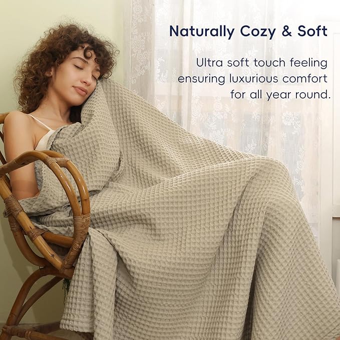 PHF Ultra Soft Waffle Weave Blanket Twin Size 66"x 90"- Washed Lightweight Breathable Cozy Woven Blanket for Bed - Aesthetic Decor for Couch Bedding Sofa Home Car - Khaki