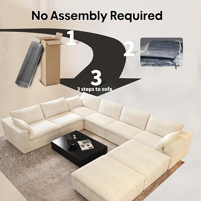 Oversized Modular Sectional Cloud Couch,157.5" U Shaped Modern Sofa with 2 Ottoman and 2 Middle Seats,Upholstered Couches with Corduroy Fabric for Living Room Furniture,No Assembly Required,White