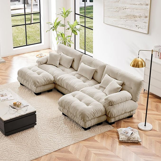 U Shaped Couch Sectional Couch, 3-Seater Cloud Couch Sectional Oversized Couch, Sofa Bed Couch with Round Bolster Armrests 5 Pillows, Modular Couch Home Sofa Living Room Couch