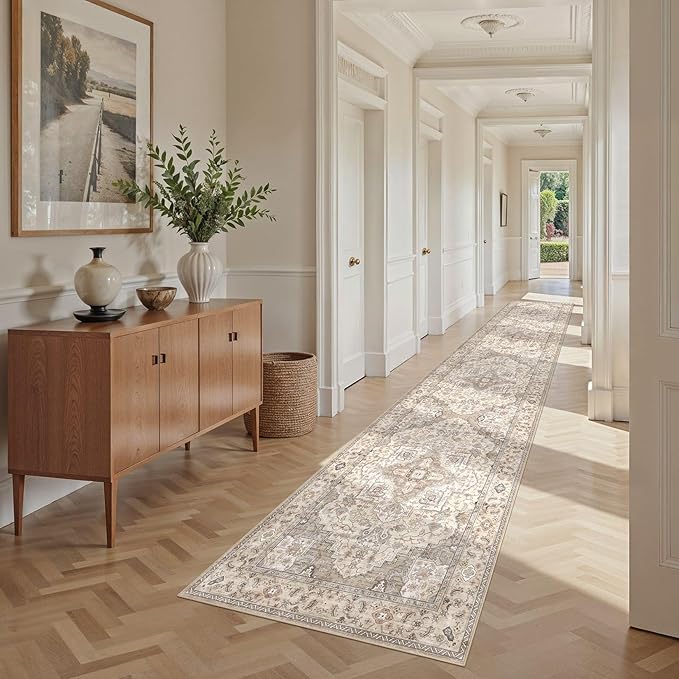 Washable 2.6x14 Runner Rug - Area Rugs Neutral Vintage Distressed Floral Farmhouse Boho Large Soft Floor Rug Indoor Carpet for Hallway Entryway Home - Brown/Multi