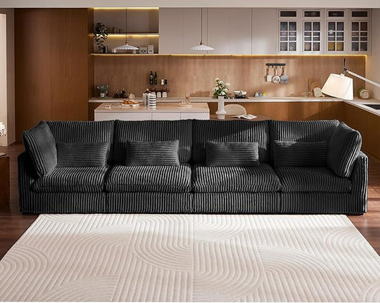Oversized Modular Sofa, Extra Deep Cloud Corduroy Sectional Couch with Ottoman Chaise, Fluffy Chenille 4 Seater Sofa for Living Room, Villa (Basic 4 Seater, Corduroy Black)