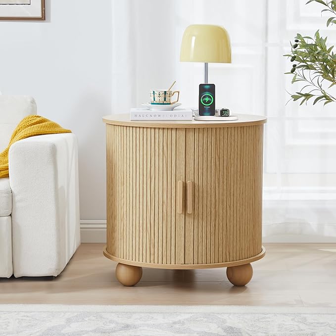 AVZEAR 24" Large Round End Table with Charging Station, Farmhouse Fluted Sofa Side Table with Sliding Tambour Door & Storage, Mid-Century Wood Nightstand for Living Room, Bedroom, Natural