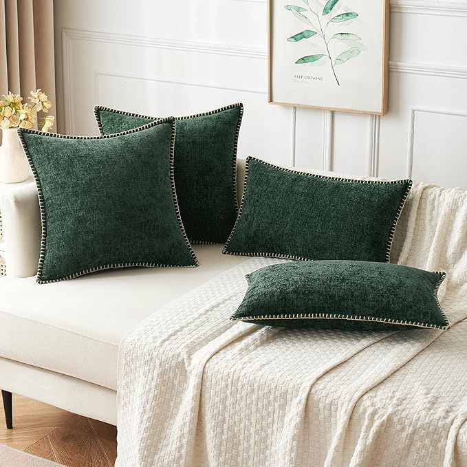 MIULEE Pack of 2 Christmas Pillow Covers 20x20 Inch Dark Green Farmhouse Decorative Throw Pillow Covers with Stitched Edge Soft Chenille Solid Dyed Couch Pillow Covers for Sofa Bed Living Room