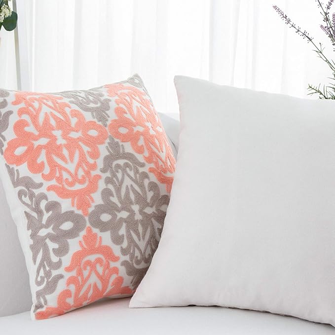 HWY 50 Coral Pink Decorative Throw Pillow Covers 18x18 Inch (1 Piece), Embroidered Cotton Farmhouse Cushion Cover Pillow Case for Sofa Couch Living Room Bed Bedroon, Floral Geometric