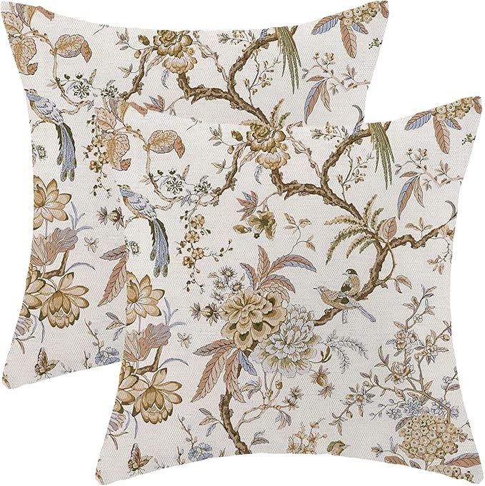 CXMEIFLY Spring Floral Birds Pillow Covers 16 x 16 Inch Set of 2 for Chinoiserie Flowers Decor Throw Pillows Brown and White Plant Outdoor Decorative Cushion Cases for Couch Bed Decorations