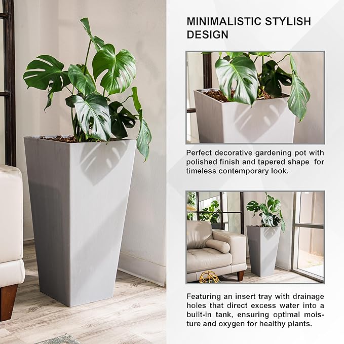 XBrand Modern 28-Inch Square Planter, Modern Tapered Planter Perfect for Indoor & Outdoor, Patio Décor, Set of 2