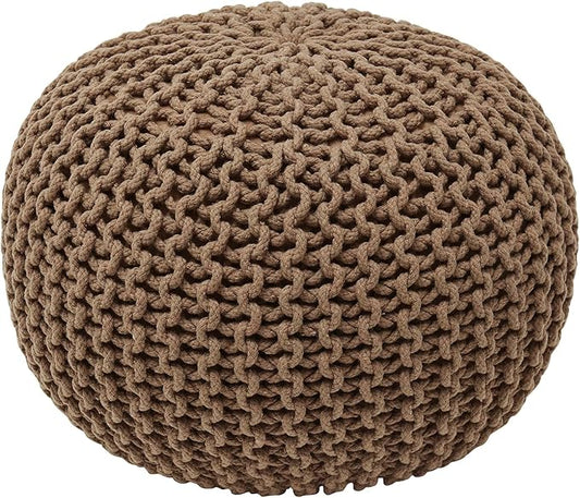 Ornavo Home Pouf Ottoman Foot Rest - 100% Cotton Pouffe - Hand Knitted Cable Braid Cord - Boho Round Stuffed Ottoman for Living Room, Bedroom - Taupe/Brown