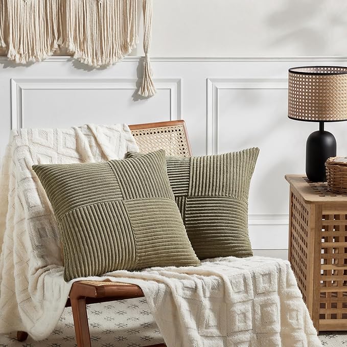 Fancy Homi 2 Packs Olive Green Decorative Throw Pillow Covers 20x20 Inch for Living Room Couch Bed Sofa, Rustic Farmhouse Boho Home Decor, Soft Corss Corduroy Patchwork Accent Cushion Case 50x50 cm