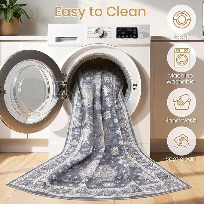 Washable Area Rugs for Living Room - 7x9 Neutral Vintage Distressed Floral Farmhouse Boho Large Soft Floor Rug Indoor Non Slip Carpet for Living Room Bedroom Dining Room Office - Denim Blue/Grey