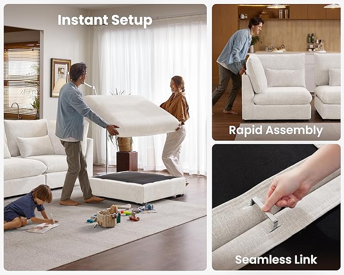 Oversized Modular Sofa, Extra Deep Cloud Chenille Sectional Couch with Ottoman Chaise, Fluffy Chenille Loveseat L Sofa for Living Room, Villa (Loveseat+Ottoman, Chenille White)