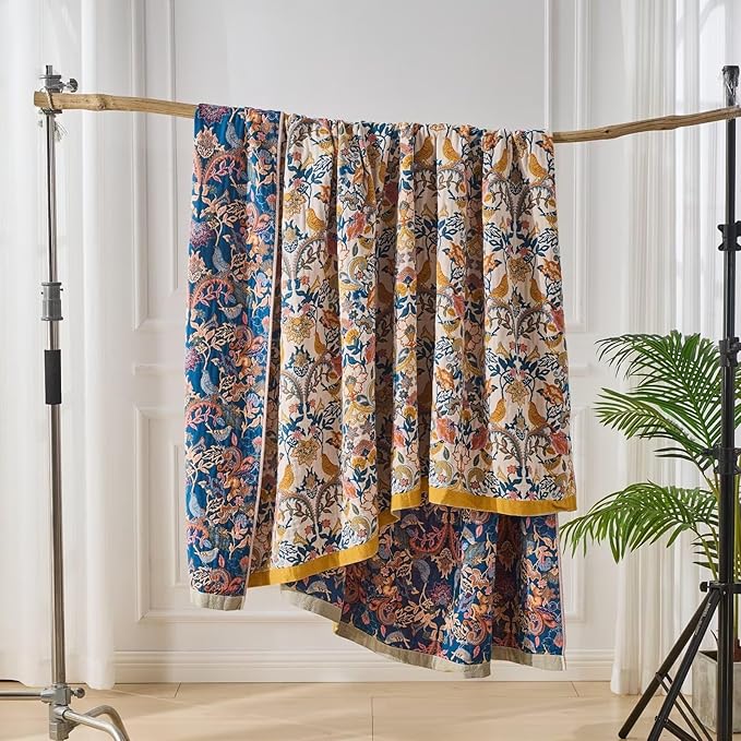 Boho Throw Blanket for Couch,100% Cotton Summer Blanket for Bed, Ultra Soft Rustic Quilt for Bed, Home Decor, Boho Picnic Blankets with Bird and Flowers for All Seasons,Twin 60"x80"