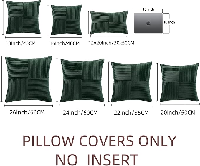 Fancy Homi Set of 2 Dark Green Decorative Throw Pillow Covers 20x20 Inch for Living Room Couch Bed, Boho Farmhouse Forest Green Home Decor, Soft Corss Corduroy Patchwork Textured Cushion Case