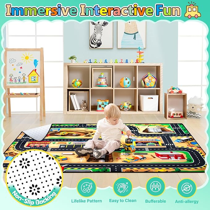 Kids 4x6 Ft Construction Site Play Rug, Baby Play Mat, Tufted Wool & Rubber, Non-Slip, Stain & Fade Resistant, Machine Washable, Rustic Cartoon Construction Site Pattern