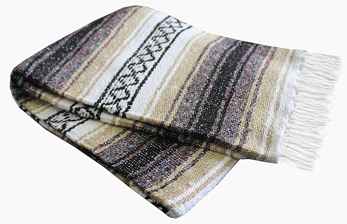 Del Mex Classic Mexican Blanket, Large Authentic Woven Falsa Throw (70"x50"), Artisan Southwest Décor for Beach, Yoga, Outdoors (Tan)