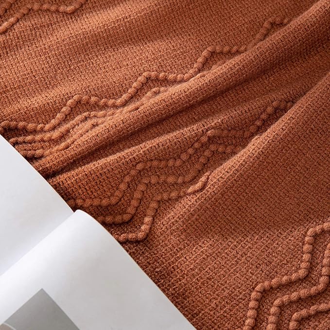 MIULEE Knitted Boho Throw Blanket for Couch Textured Knit Terracotta Rust Blanket with Tassels Cozy Woven Farmhouse Blanket for Sofa Bed Chair Wave Pattern Fall Decor 50"x60", Orange