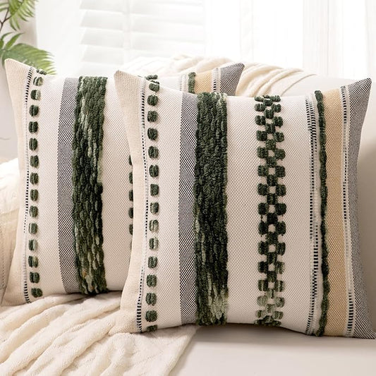 Boho Throw Pillow Covers 18x18 Set of 2 Christmas Decorative Cushion Case Striped Square Pillows Cover Chenille Pillow Cases Accent Neutral Pillowcase for Sofa Couch Bed,Dark Green