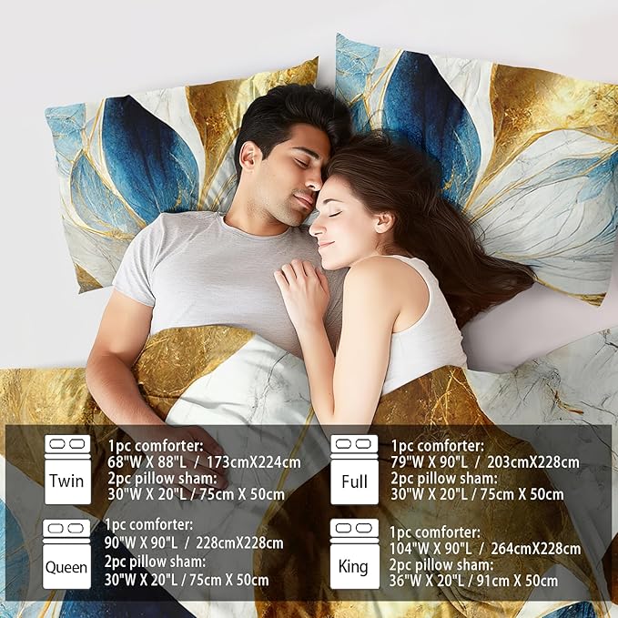 Vintage Floral Comforter Set King Size Women,Marble Flower Bedding Set King,Marble Blue Flower Bed Comforter,Blue and Gold Floral Quilt Bedroom Decor for Kids and Adults